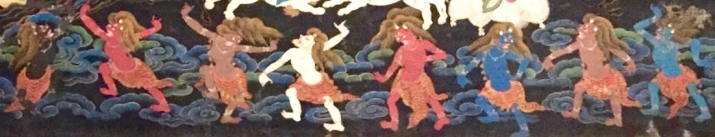 Bardo deities dancing along the bottom of 17th century <i>thangka</i> painting of Lokastostrapuja Heruka. Taken from <i>The Snow Lion’s Attributes</i>, Core of Culture, 2016. p. 18