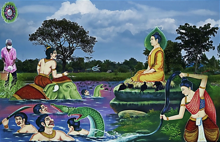 Phra Mae Thorani (bottom right), the Southeast Asian goddess of the earth, repulses Mara's demons prior to the Buddha's enlightenment. From photographypainter.wordpress.com