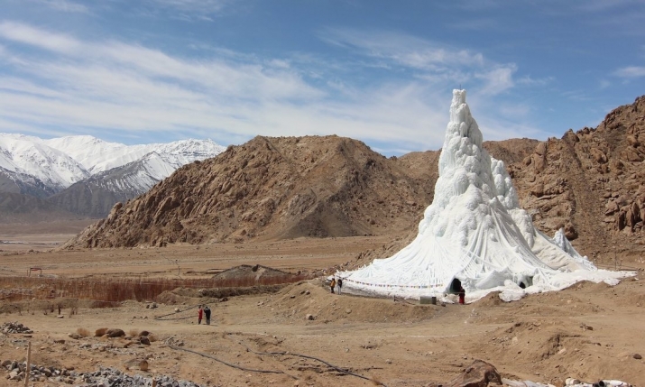One of Sonam Wangchuk's ice stupas in Ladakh. Image courtesy of Sonam Wangchuk. From theguardian.com