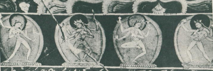 Top to bottom, left to right: Padya, Arghya, Puspa, Dhupa, Dipam Ghanda. <i>Dakinis</i> dancing a “living cadence.” 17th century, Tsaparang, Tibet. From Tucci, <i>Indo-Tibetica lll.2</i>, Reale Accademia d’Italia, 1935. Rome. Plates IX, X