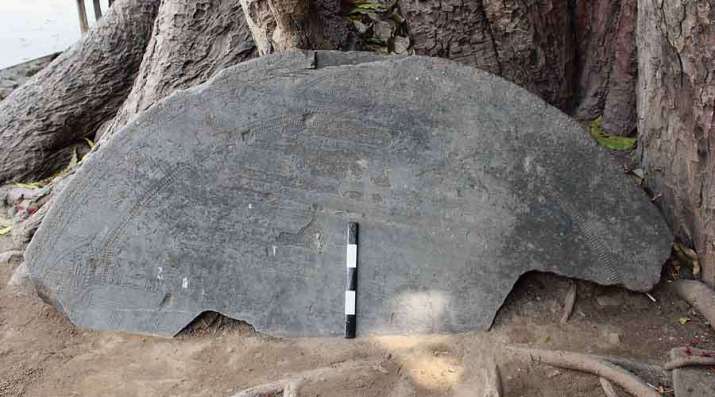 The broken seventh-century <i>vajrasana</i> identified within the Mahabodhi Temple complex. From telegraphindia.com