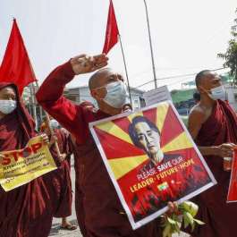 Buddhist Monks March in Opposition to Military Coup in Myanmar