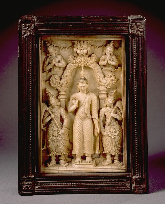 Buddha Shakyamuni with Attendants, Sri Lanka, 18th century; ivory with paint, ebony frame, 18.7 x 14 x 3.2cm Los Angeles County Museum of Art, purchased with funds provided by Christian Humann. Photo © Museum Associates / LACMA