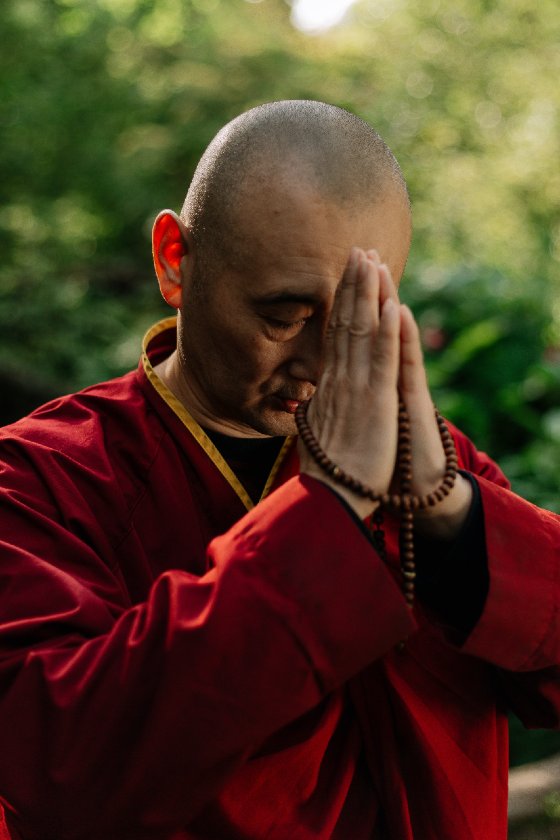Buddhist monastic in robes and hands in prayer
