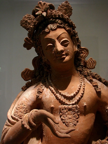 Clay sculpture of a bodhisattva. Afghanistan, 7th century. From Wikipedia.