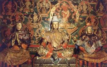 The first Tibetan emperor, Songtsen Gampo, and his wives. From contactmagazine.net.