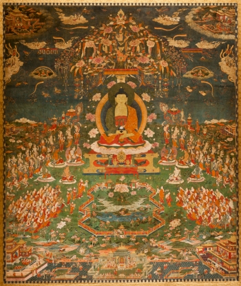 Amitabha in Sukhavati Paradise, Tibetan, circa 1700, Ink, pigments, and gold on cotton, San Antonio Museum of Art. From commons.wikimedia.org.