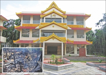 A recent photo of Sima Bihar, in Ramu of Cox’s Bazar, rebuilt after it was torched, inset, last year. Photo Source: http://www.thedailystar.net/