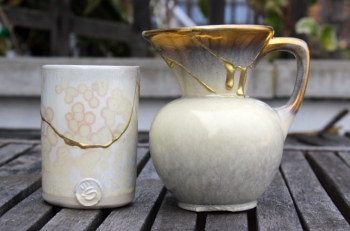 DIY Kintsugi - Broken bonsai pot repaired with gold colored powder