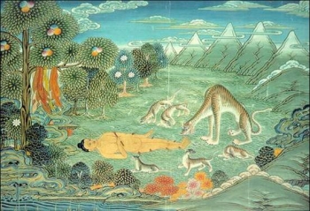 Jataka story regarding the tigress - Painting. Mongolia, 20th Century. (Private Collection)