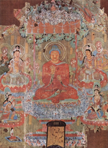 The Pure Land of Amitabha Buddha (Dunhuang, 8th century). From Wikipedia France.