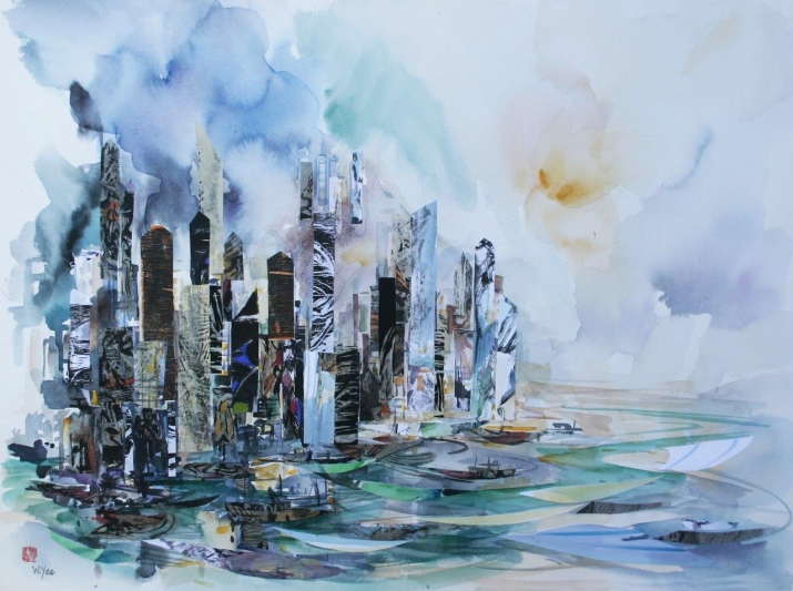 Hong Kong in Evening Mist (#20) 36in x 28in. Watercolour with Painted Collage. From Wendy Yeo