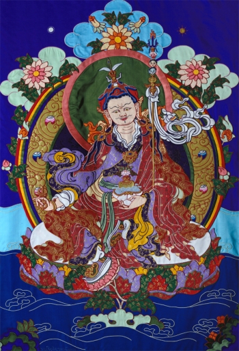 Padmasambhava; pieced-silk thangka by Leslie Rinchen-Wongmo, 1999.