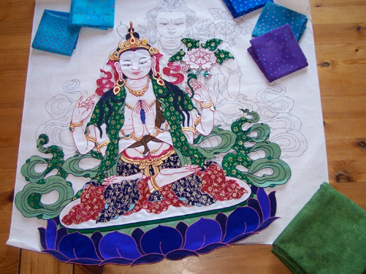 Creating the Image of Chenrezig (Avalokiteshvara, the Bodhisattva of Compassion); pieced-silk thangka by Leslie Rinchen-Wongmo, 2008.