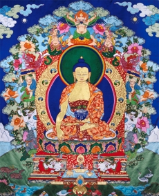 Buddha Shakyamuni and the Six Supports; pieced-silk thangka by Leslie Rinchen-Wongmo, 1997.