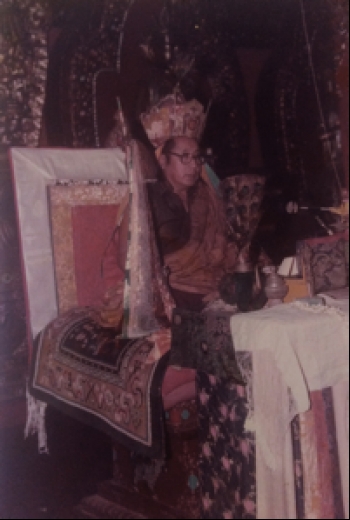HH Penor Rinpoche at Namdroling Monastery, Bylakuppe, Mysore, 1980s. By Chris Fynn.