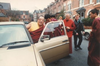HH Penor Rinpoche visiting the author’s home and Karma Ling Buddhist Center in Birmingham, UK, 1990s. By Chris Fynn.