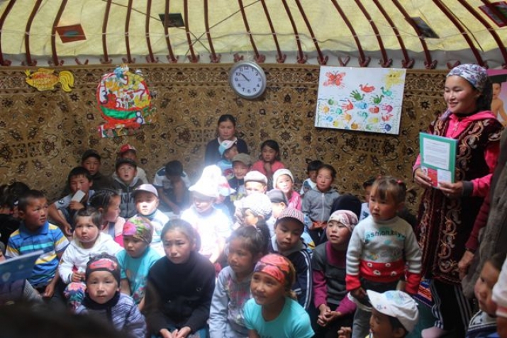 Children learning inside a yurt pre-school. From the Roza Otunbayeva Initiative Press Center