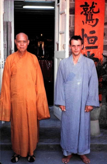 The late Master Sheng Yi and myself, soon after I had arrived in Hong Kong and before my head was shaved. Po Lin Monastery, Hong Kong, 1984. From Eric Johns