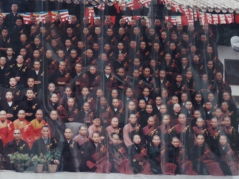 Third ordination, Guangzhou, China, 1997, in the lineage of Chan master Empty Cloud (third line on right). From Ani Zamba