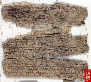 Segment of birchbark manuscript from Gandhara, 1st or 2nd century CE. From the British Library.