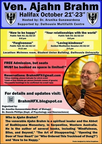 Leaflet for Ajahn Brahm's visit to Halifax. From www.brahmhfx.blogspot.ca