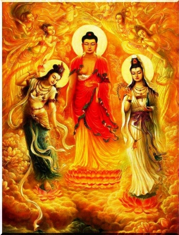 Amitabha with his bodhisattva attendants. From commons.wikimedia.org.