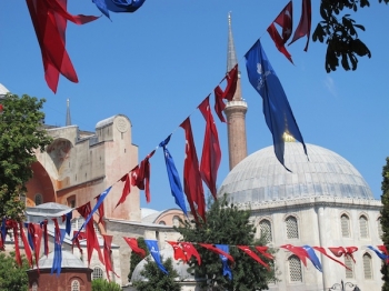 Turkey's blue and red banners.