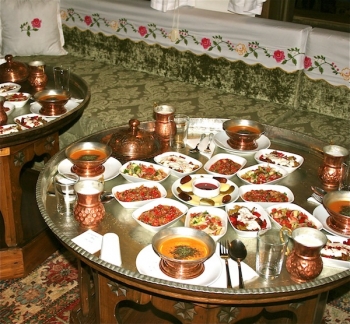 The vegetarian cuisine prepared in the Saitabat kitchen - all produce was locally grown by the women.