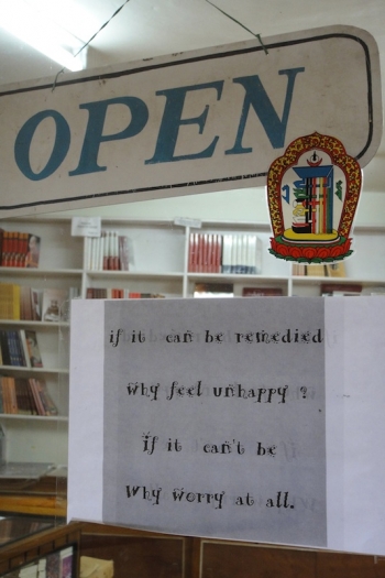 Sign in a local bookshop window, McLeod Ganj