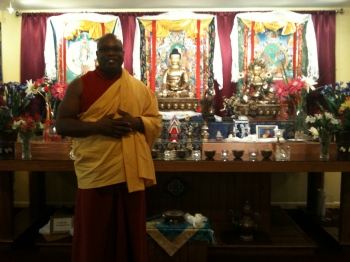 Bushi at the shrine of his Nichiren Buddhist faith.