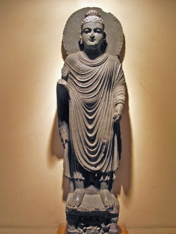 Figure 13: The standing Buddha in the Gandharan style is from Loriyan Tangai and dates from the 2nd to 3rd century CE. It is currently housed in the collection of the Indian Museum, Kolkata. © Dr. David Efurd.