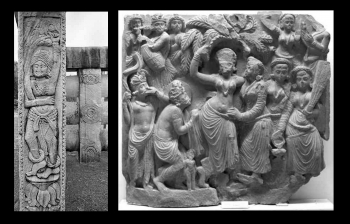 Figure 17: A tree goddess at Sanchi, left, and Queen Maya birthing the Buddha at Mardan, right. Photo: Huntington Archive 0009542.