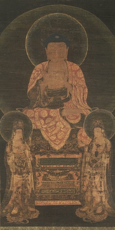 Amitabha triad. Korea, Goryeo period, c. early 14th century, ink and color on silk. Metropoliltan Museum of Art. From metmuseum.org