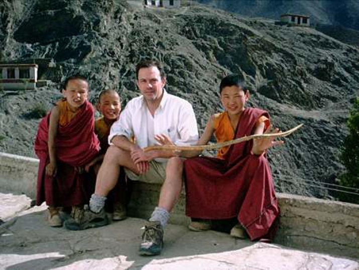 Konchok Rinchen (far right) aged 10 in 2000 with Joseph Houseal, Lamayuru Monastery, Ladakh. From Core of Culture