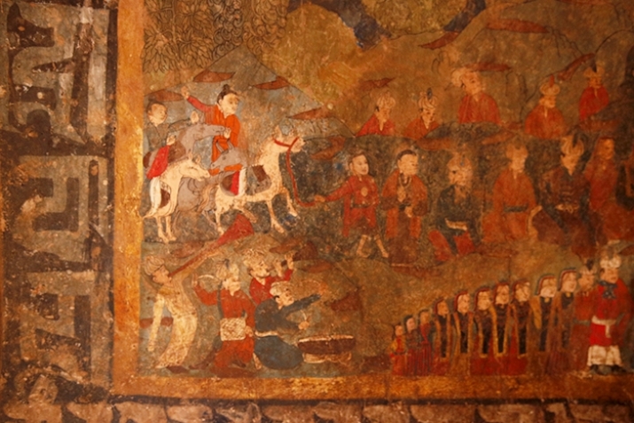 Musicians, dancers, and foreigners in procession (detail), Basgo Maitreya Temple, Ladakh. 17th century, mural painting. From Core of Culture