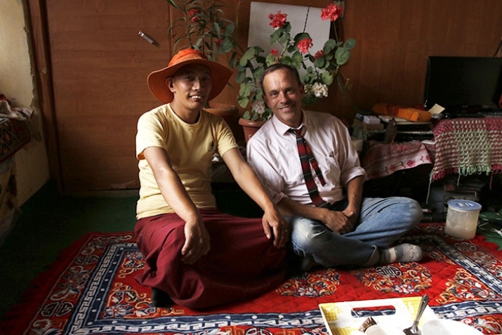 Hemis dancer Jigme Josphel with Joseph Houseal in his room at Basgo Monastery. From Core of Culture