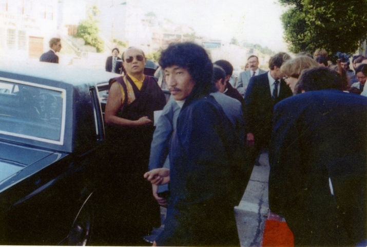 HH the 16th Karmapa with translator Ngödup Burkhar (foreground) arriving at Karma Triyana Dharmachakra, Woodstock, 1980. From Ngödup Burkhar
