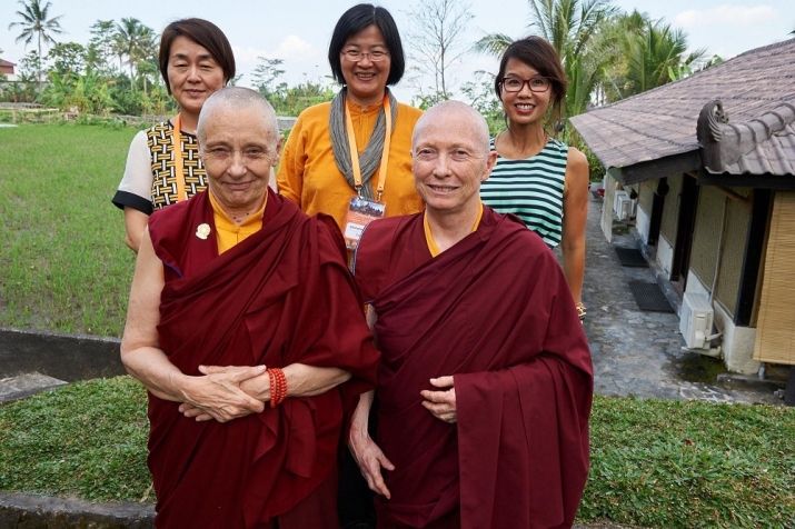 Front, from left - Jetsunma Tenzin Palmo, Karma Lekshe Tsomo; back, from left - Dr. Eun-so Cho, Christine Chang (former president of Sakyadhita), Lien Bui (treasurer of Sakyadhita). Photo by Olivier Adam