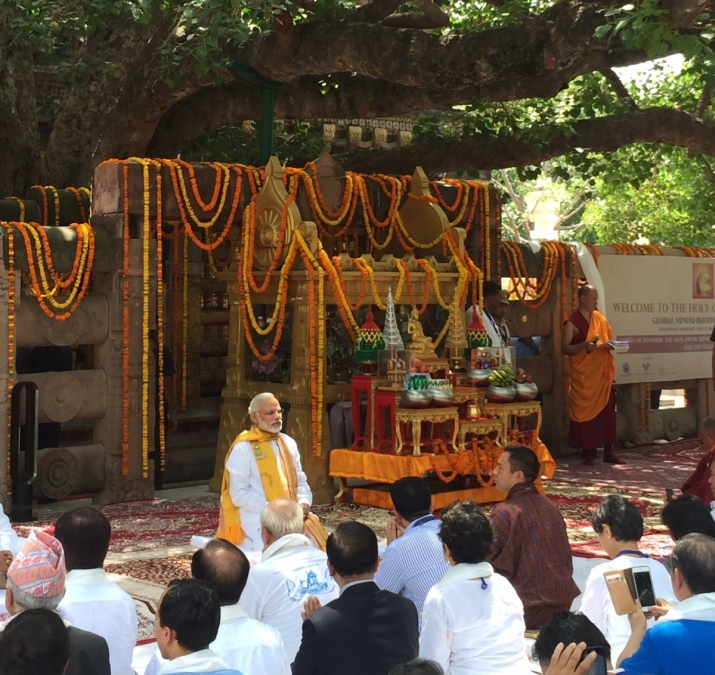 Narendra Modi sits under the Bodhi Tree at the Mahabodhi Temple, Bodh Gaya, on 5 September 2015. From Buddhistdoor Global