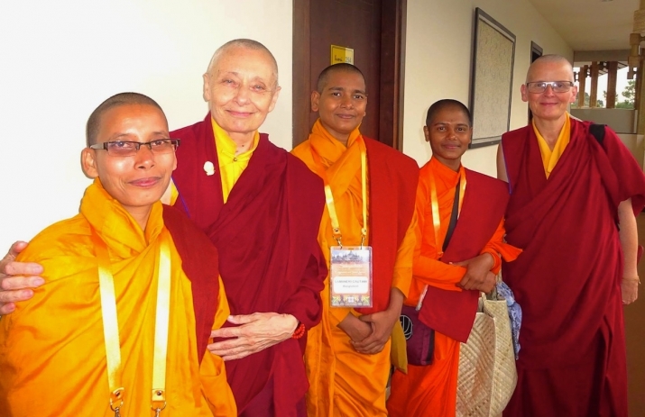 Bangladeshi <i>samaneris</i> with Jetsunma Tenzin Palmo (2nd from left), president of the Sakyadhita International Association of Buddhist Women, in Yogyakarta, Indonesia. From Sramoni Sangha Facebook