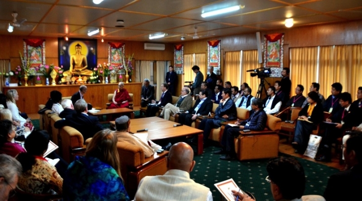 The Dalai Lama talks with AEI delegates and other guests at his official residence in Dharamsala. From thetibetpost.com