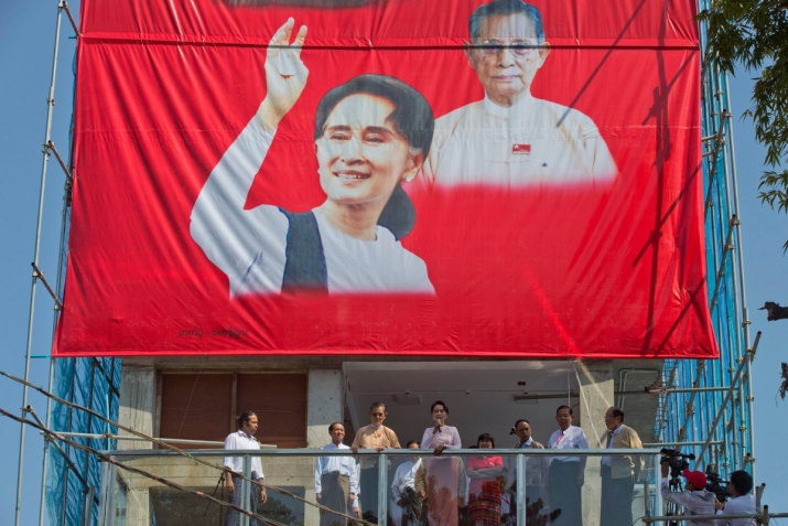 Aung San Suu Kyi delivers a speech in the Myanmar capital of Yangon earlier this week. From nytimes.com