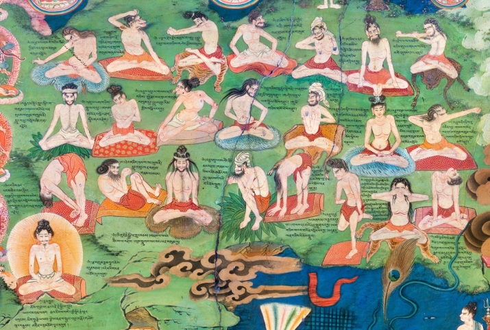 Mural from the Lukhang depicting yogis in 23 positions. Photo by Thomas Laird. From theguardian.com