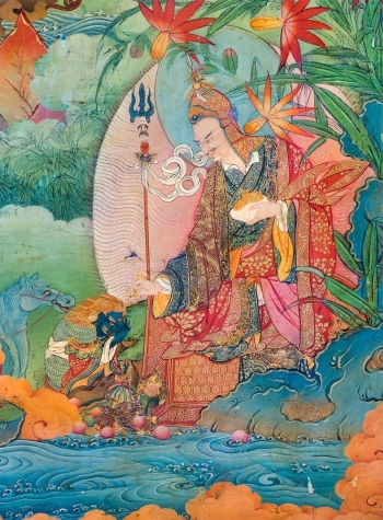 A detail from the Lukhang murals showing Guru Rinpoche accepting obeisance from the Naga king. Photo by Laird. From theguardian.com