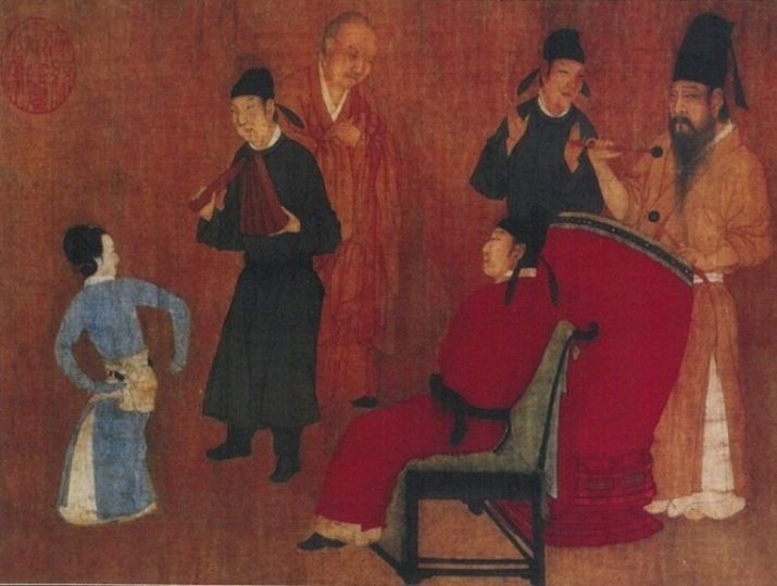 A monk among the ministers of the Southern Tang, a detail from <i>Night Revels of Han Xizai</i> (c. 970), attributed to Gu Hongzhong.