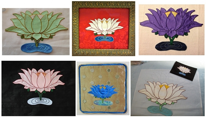 Members of the Stitching Buddhas Virtual Apprentice Program learn the fundamental steps of Tibetan appliqué through stitching lotus flowers. The lotus represents enlightenment, arising unstained from the mud of the world