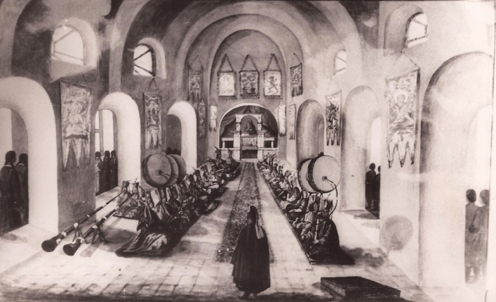 Illustration of a <i>khurul</i> interior. From Palmov Kalmykia Republican Museum of Local Lore