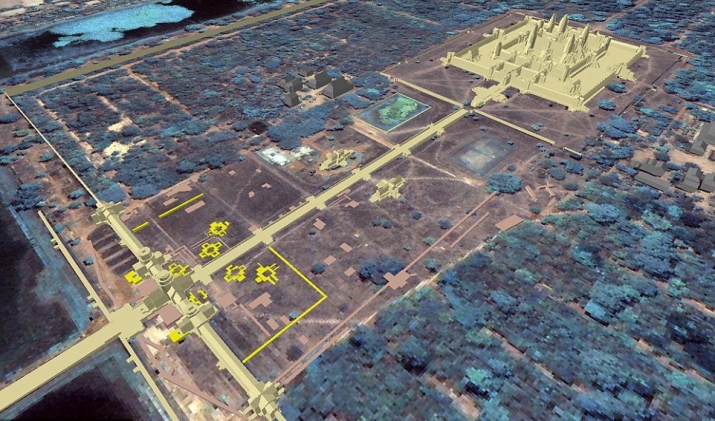 Using LiDAR technology and ground-penetrating radar, researchers mapped eight buried towers on the grounds of Angkor Wat, indicated in bright yellow. From dailymail.co.uk