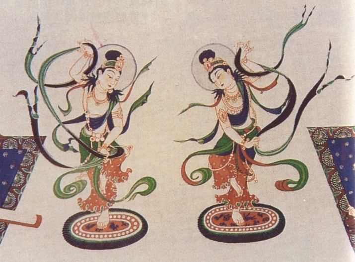 Heavenly devas dancing on small carpets like the early Silk Road dancers, showing the Sogdian Whirl fully appropriated into the high style of Tang dance and art—the dance is refined into technical precision and Chinese silk billows with a light touch; Mogao Cave 220, Dunhuang. Tang dynasty (618–907), mural painting. After Wang Kefen, <i>Chinese Dance: An Illustrated History</i>, Beijing Dance Research Institute, 2000, image 517